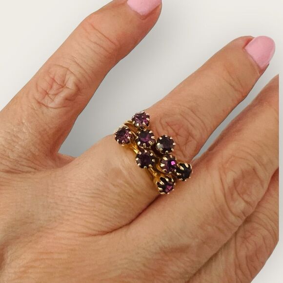Vintage stackable gold plated ring size 6, amethyst crystals - Picture 1 of 8